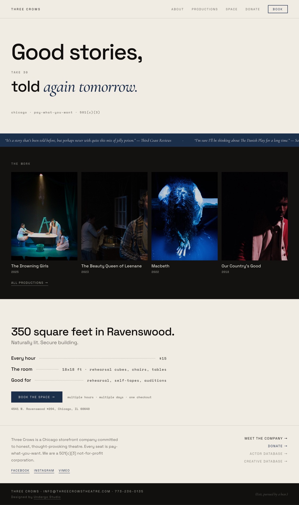 Three Crows Theatre website, full page